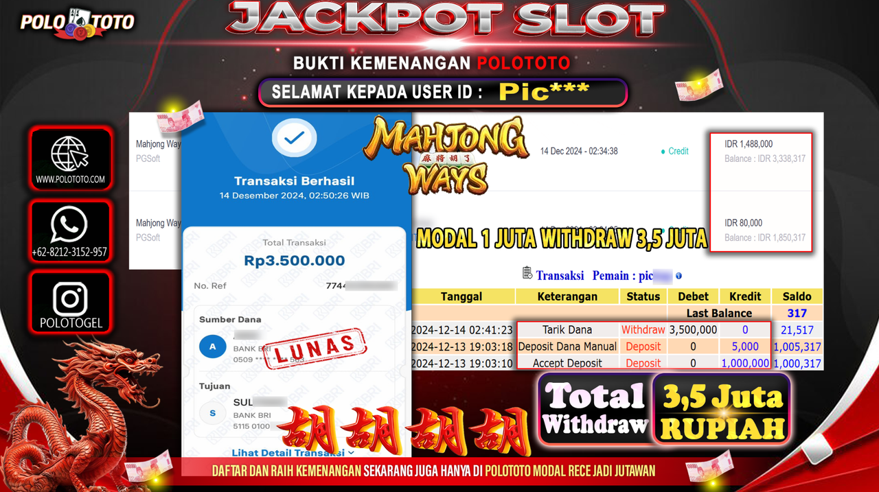 POLOTOTO JACKPOT SLOT MAHJONG WAYS Rp.3,500.000,-