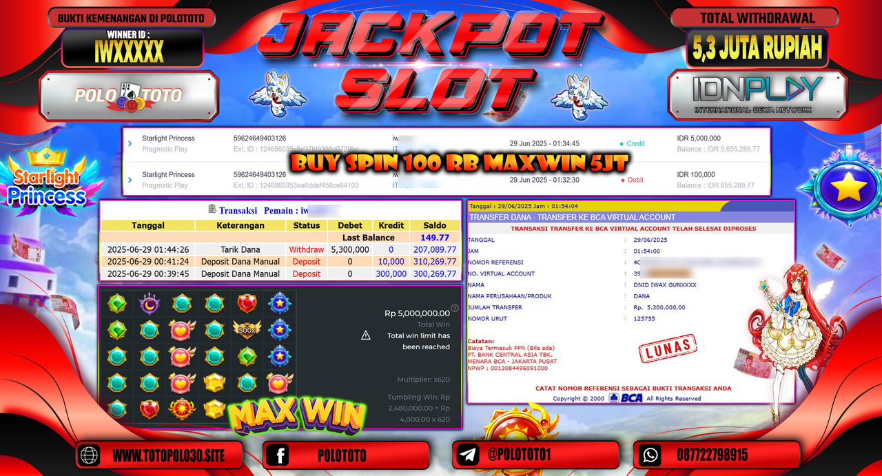 POLOTOTO JACKPOT SLOT STARLIGHT PRINCESS Rp.5.300.000,-