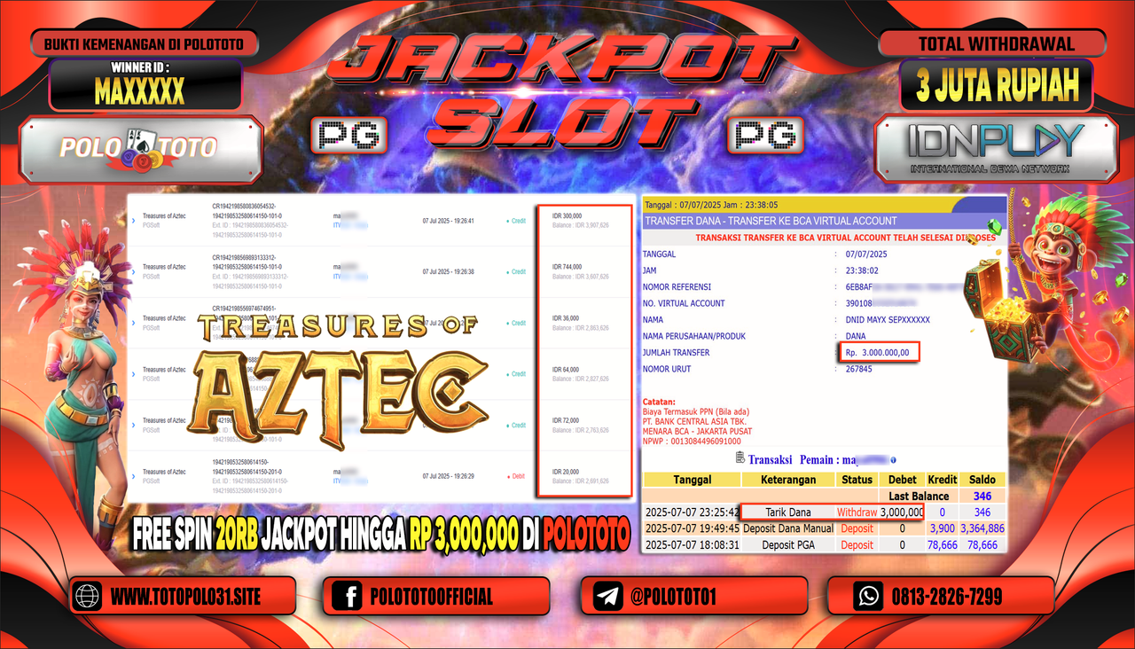 POLOTOTO JACKPOT SLOT TREASURES OF AZTEC Rp.3.000.000,-