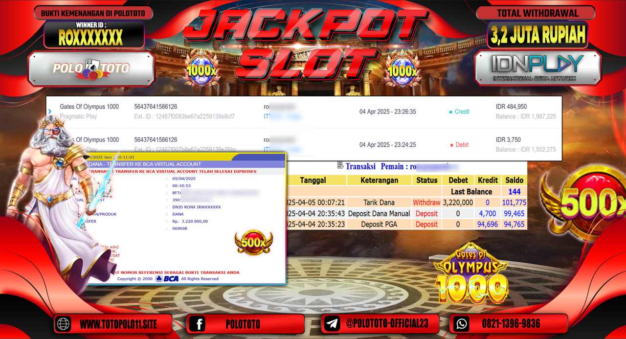 POLOTOTO JACKPOT SLOT GATES OF OLYMPUS 1000  Rp.3.200.000,- LUNAS