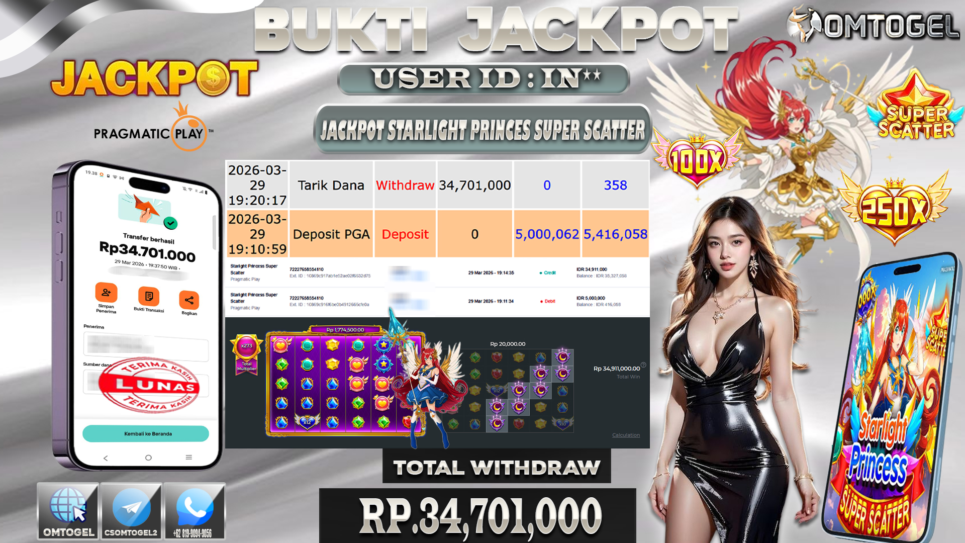 OMTOGEL JACKPOT PRAGMATIC PLAY STARLIGTH PRINCESS 1000 , 34 JUTA DI BAYAR LUNAS ,-