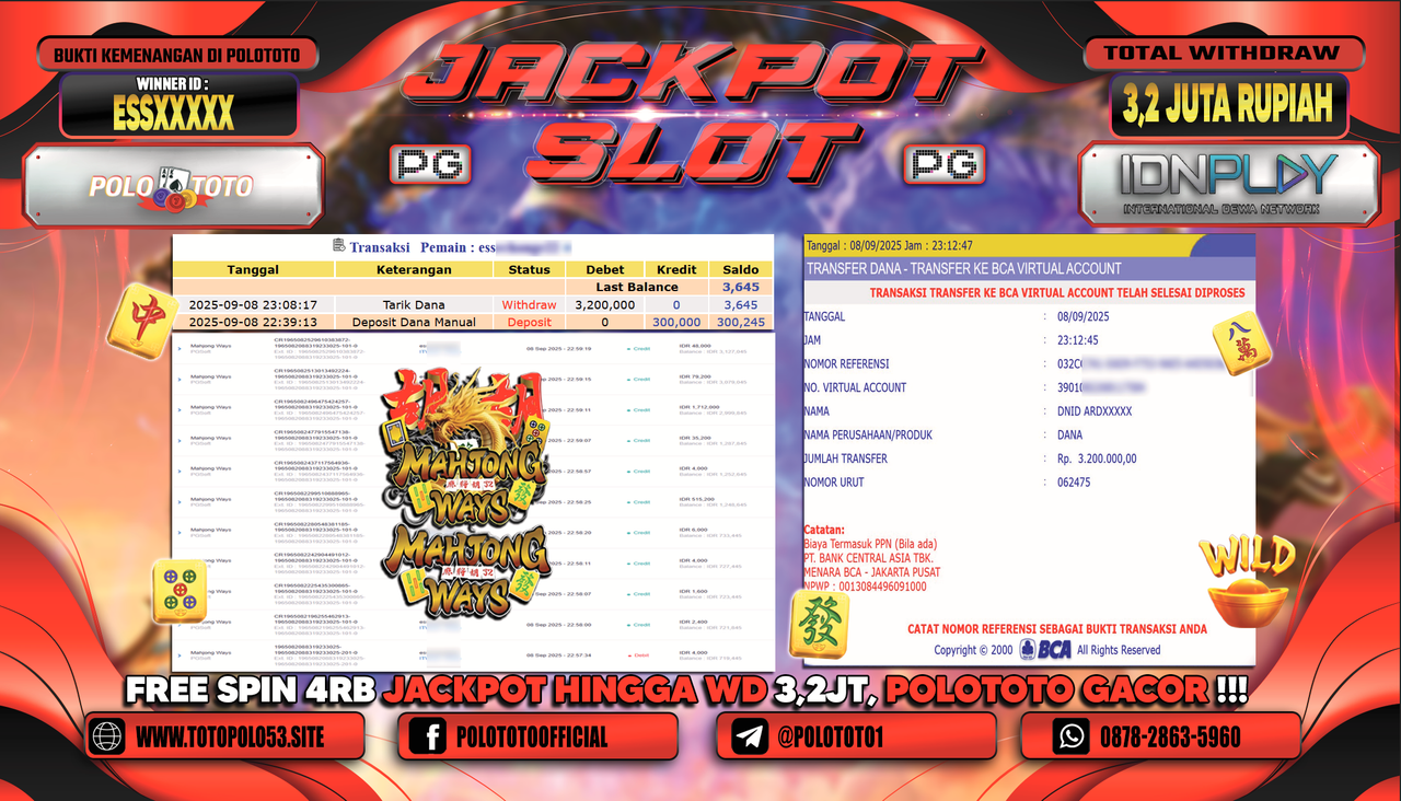 POLOTOTO JACKPOT SLOT MAHJONG WAYS Rp.3.200.000,-