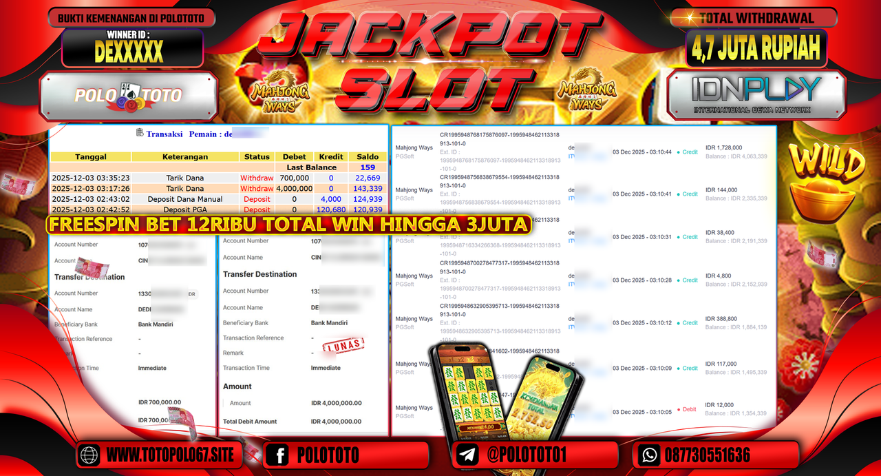 POLOTOTO JACKPOT SLOT MAHJONG WAYS Rp.4.700.000,- LUNAS