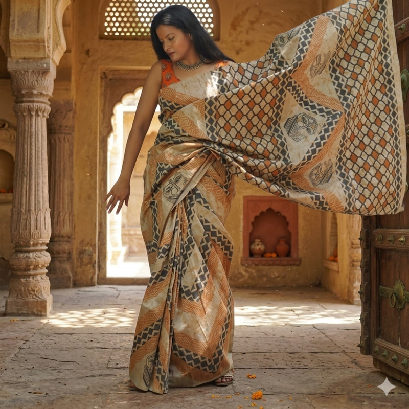 Hand Block Printed Akaroa Beige Saree with Ethnic Lady Face and Geometric Patterns