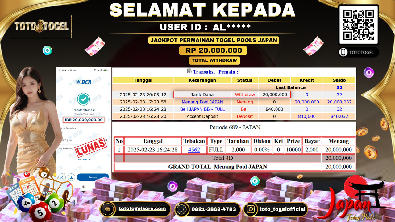 Bukti Pembayaran Jackpot  Permainan Togel Pools Japan  ID:AL***** LUNAS