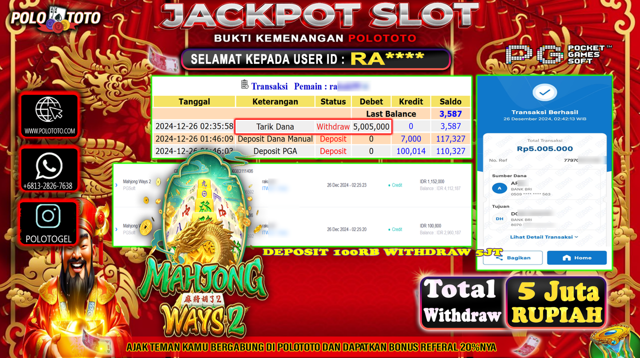 POLOTOTO JACKPOT SLOT MAHJONG WAYS 2 Rp.5,005.000,-