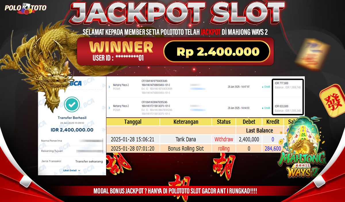 POLOTOTO JACKPOT SLOT MAHJONG WAYS 2 Rp.2,400.000,-