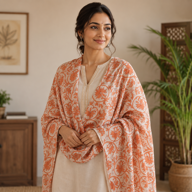 Orange Blossom Hand Block Printed Cotton Stole