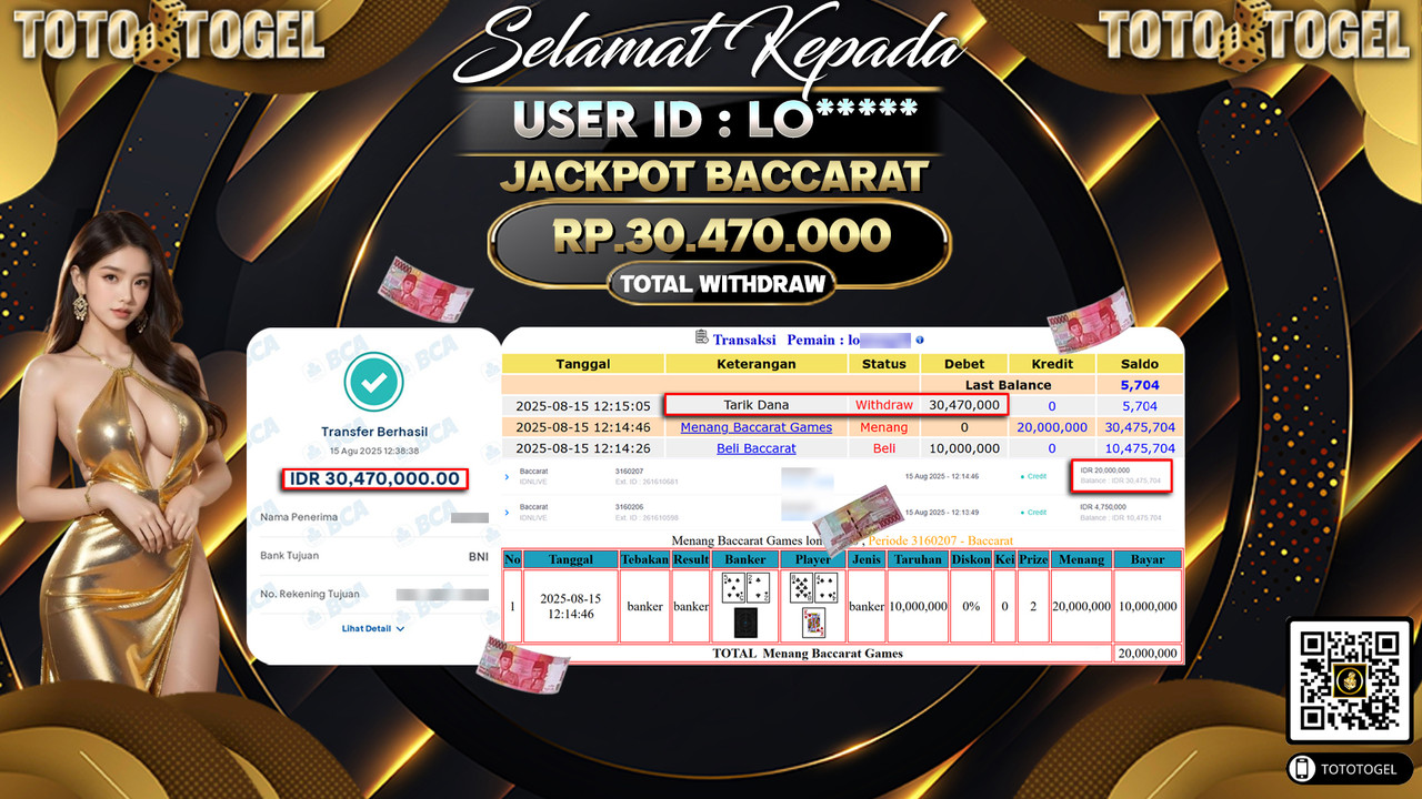 Bukti Pembayaran Jackpot Permainan Live Game Baccarat ID:LO***** LUNAS