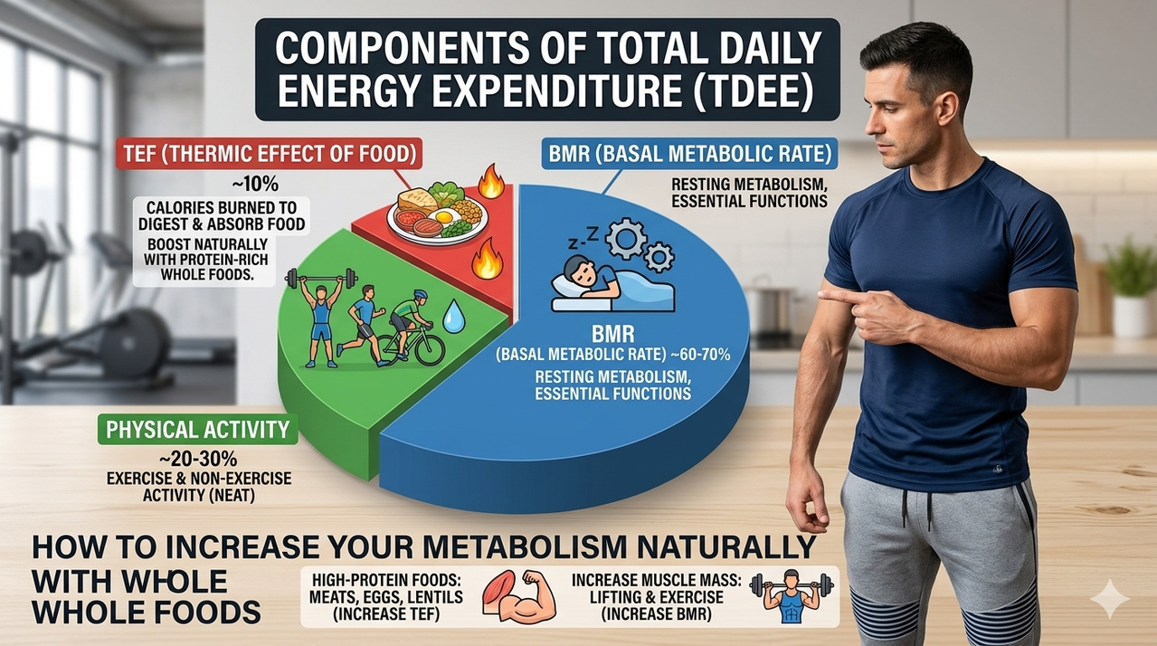 Pie chart showing components of total daily energy expenditure including BMR, TEF, and activity for how to increase your metabolism naturally with whole foods