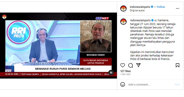 Duta Besar RI untuk Prancis Mohamad Oemar memberikan imbauan kepada para WNI di Prancis dalam wawancaranya pada 1 Juli 2023, seperti diunggah dalam akun Instagram @indonesiainparis.