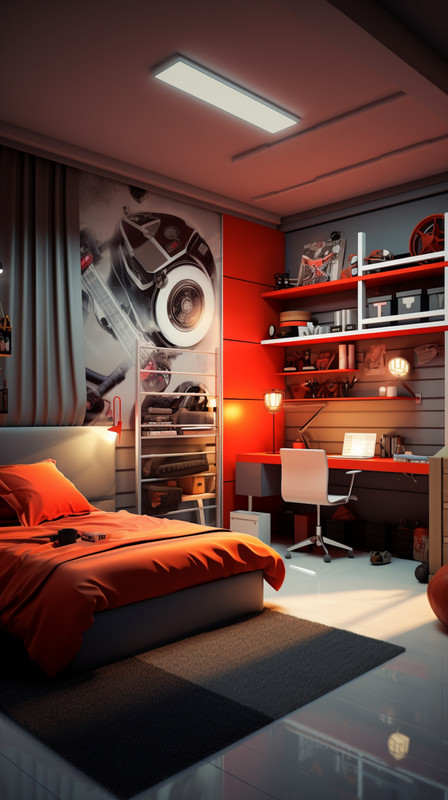 Contemporary Boys Room Design With Glossy Wall Panel And Car Fixtures