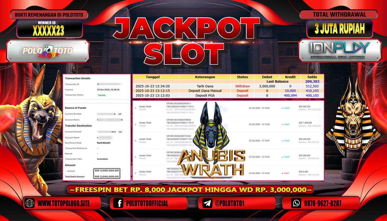 POLOTOTO JACKPOT SLOT ANUBIS WRATH Rp.3.000.000,- LUNAS