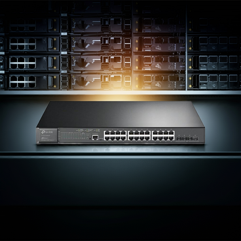 Switch TP-Link TL-SG3428XMP em um rack de servidores, mostrando seu design robusto.