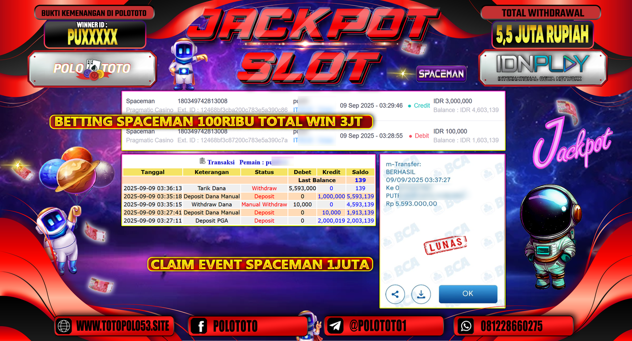 POLOTOTO JACKPOT SLOT SPACEMAN Rp.5.593.000,-