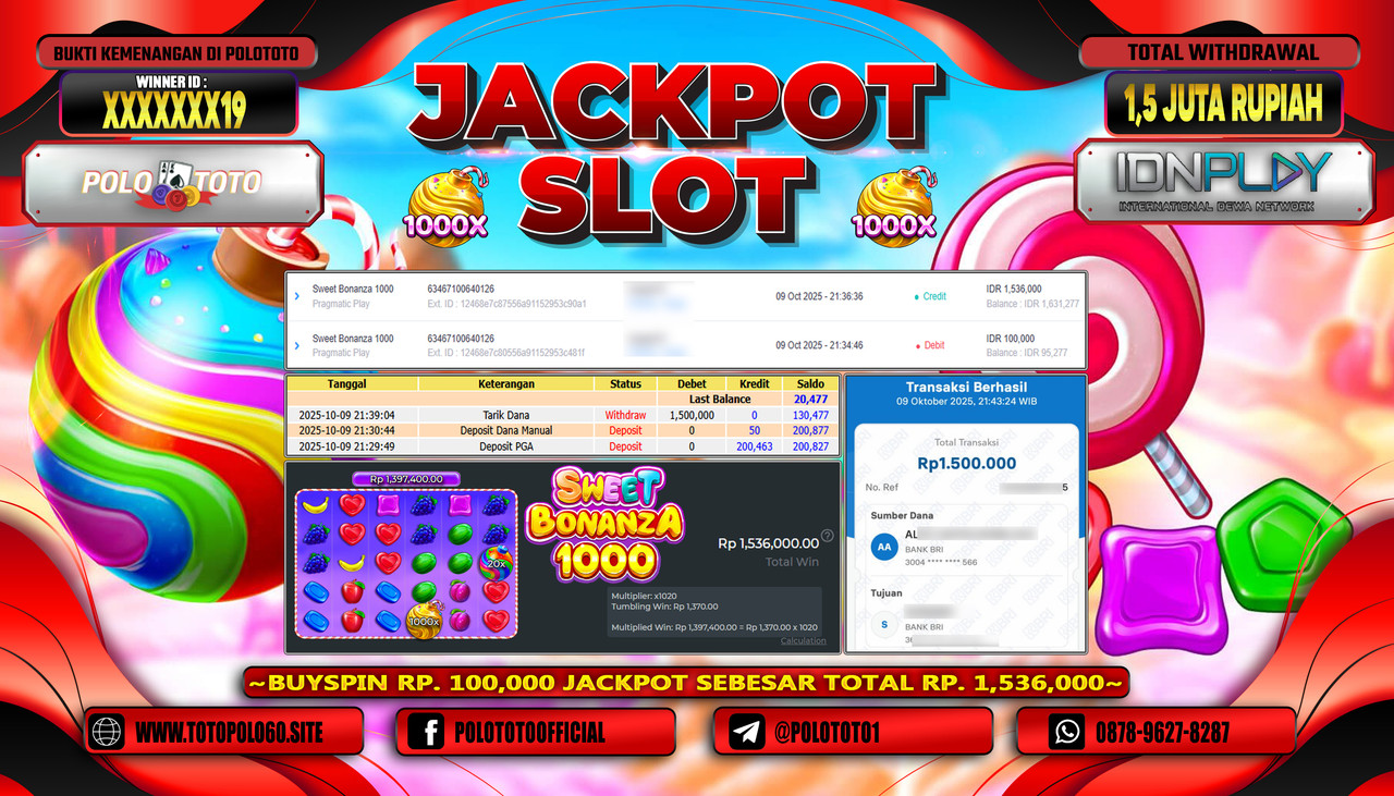 POLOTOTO JACKPOT SLOT SWEET BONANZA 1000 Rp.1.500.000,- LUNAS