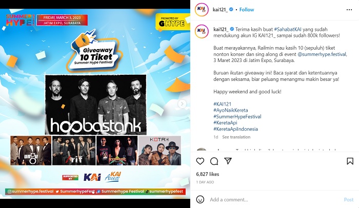 PT Kereta Api Indonesia (Persero) mengadakan giveaway 10 tiket Summer Hype Festival yang berlangsung pada 3 Maret 2023 mendatang di Jatim Expo, Surabaya.