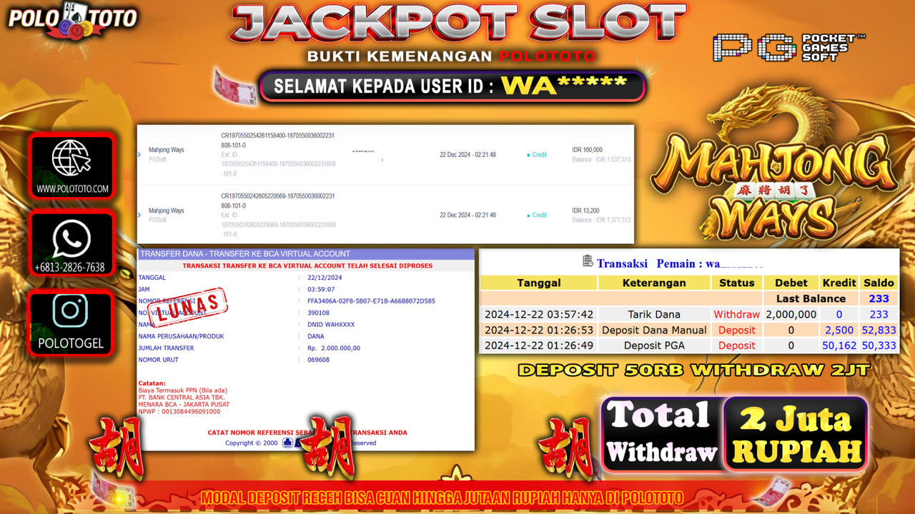 POLOTOTO JACKPOT SLOT MAHJONG WAYS Rp.2,000.000,-
