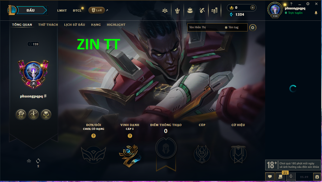 Acc LMHT #ZIN THÔNG THẠO - Không Khung