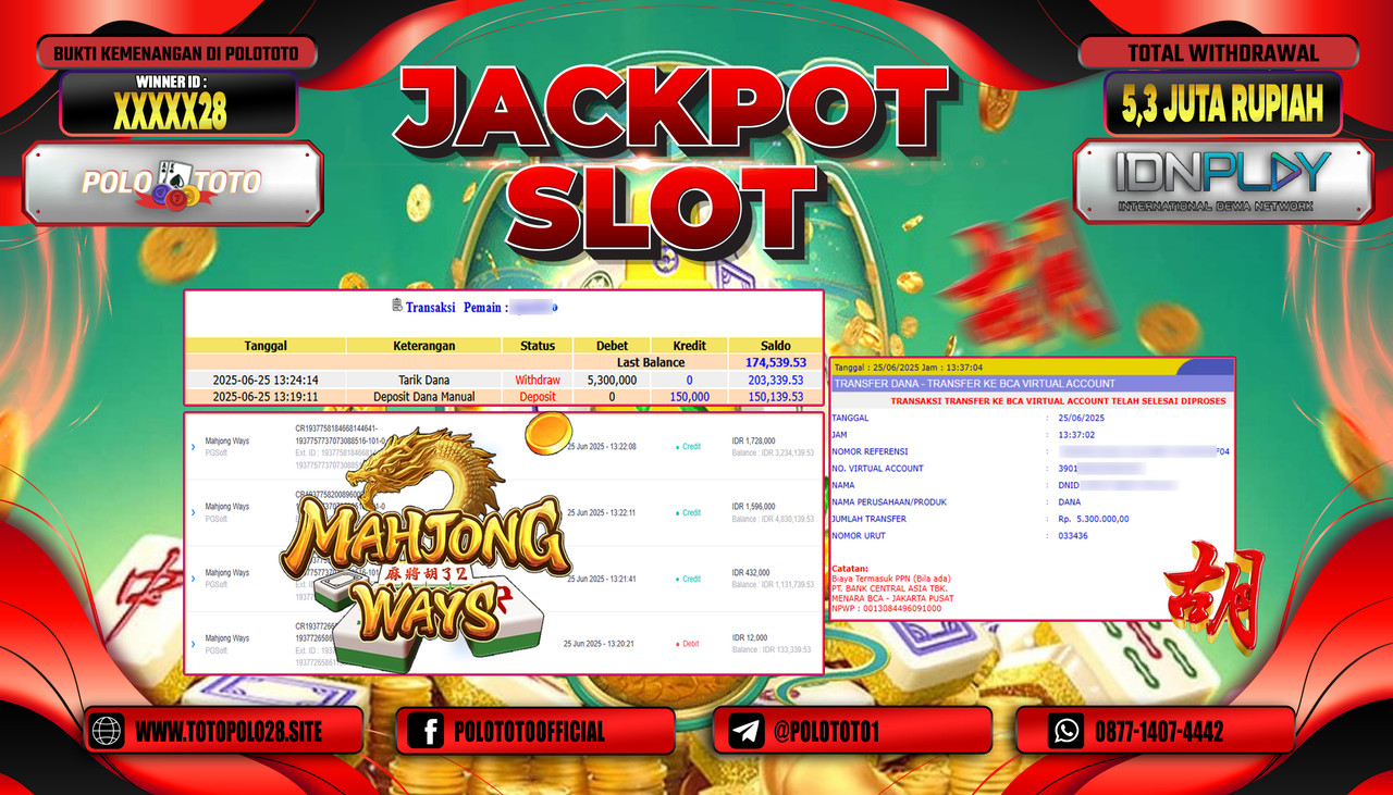 POLOTOTO JACKPOT SLOT MAHJONG WAYS Rp.5.300.000,- LUNAS