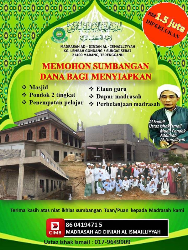 Memohon Sumbangan Di Tabung Madrasah Bagi Pembinaan Masjid Madrasah Ad Diniah Al Ismailliyyah