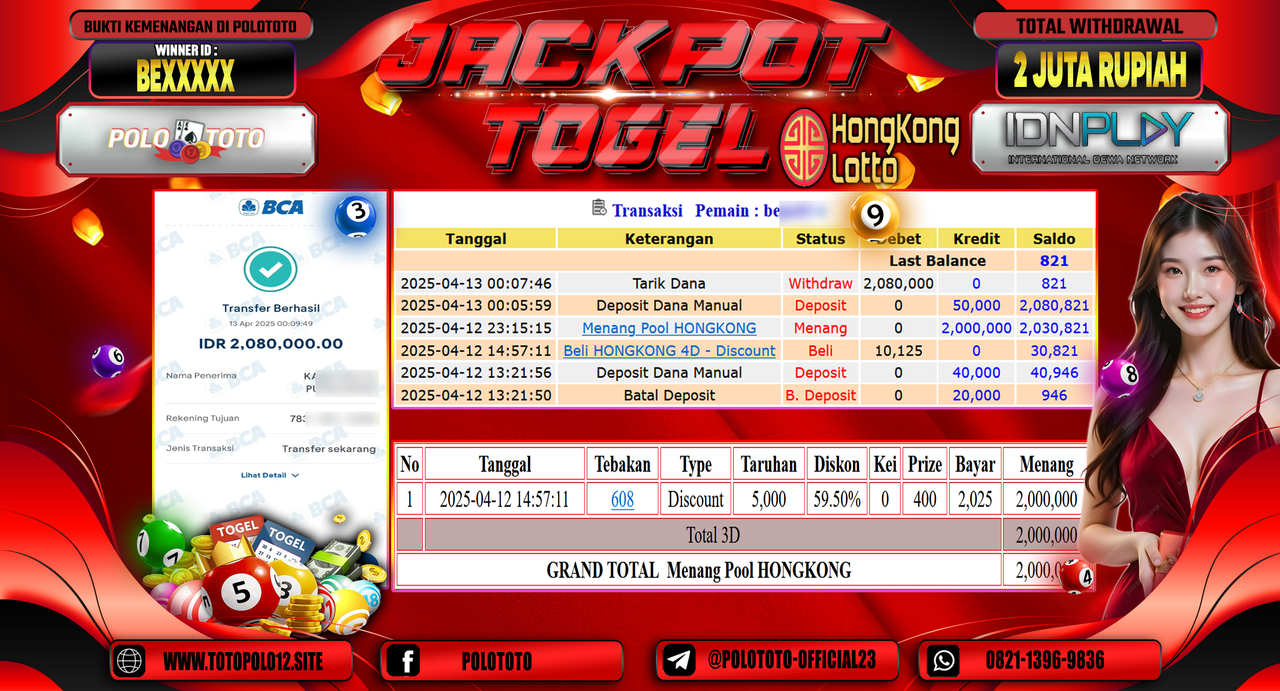 POLOTOTO JACKPOT TOGEL PASARAN HONGKONG LOTTO Rp.2.080.000,- LUNAS