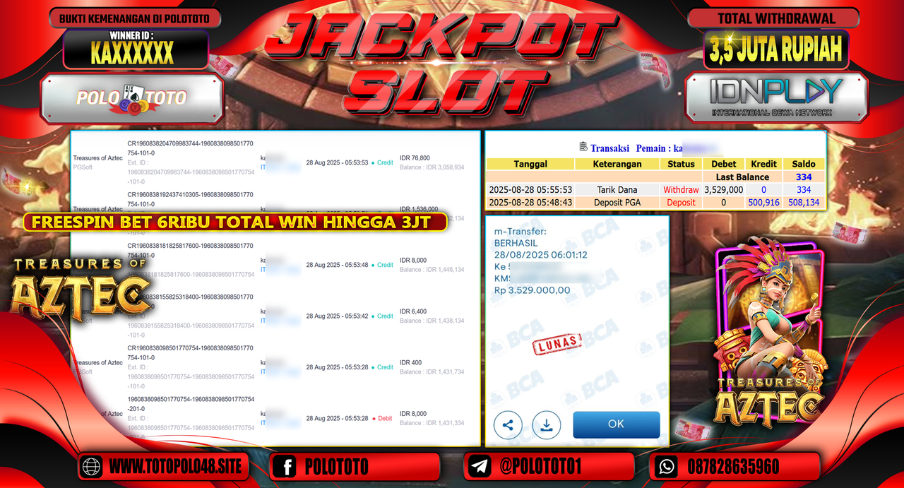 POLOTOTO JACKPOT SLOT TREASURES OF AZTEC Rp.3.500.000,- LUNAS