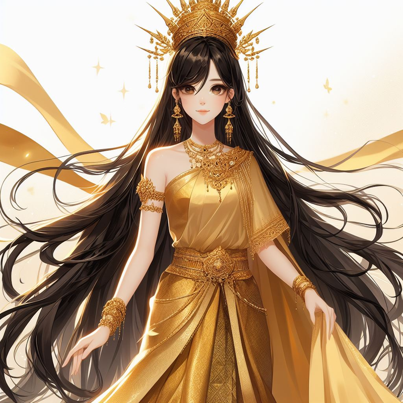 A tall girl in golden Thai traditional dress and a high crown, with a golden cloth slung over (1)
