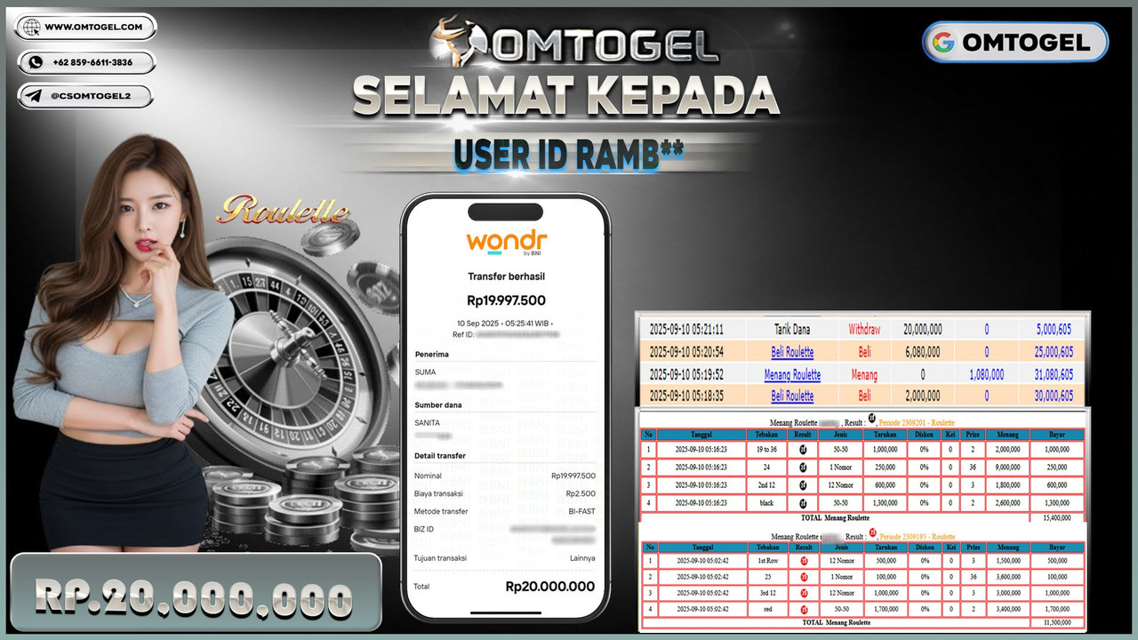 OMTOGEL JACKPOT LIVE GAMES ROULETTE 20 JUTA DI BAYAR LUNAS ,-