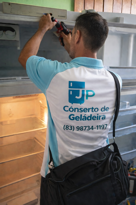 Técnico consertando geladeira