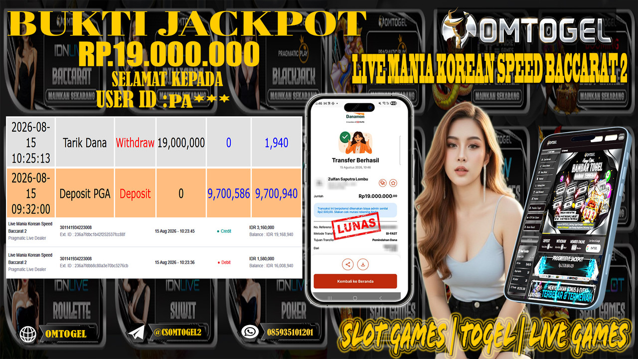 OMTOGEL JACKPOT PRAGMATIC LIVE DEALER LIVE MANIA KOREAN SPEED BACCARAT 2 Rp,19,000,000,- DIBAYAR LUNAS