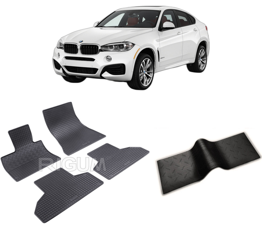 Set covorase auto BMW X6 F16 din 11.2014-10.2019, cu covoras tunel median, CAROSERIE SUV, Presuri cauciuc 100%, compatibil cu autoturismul BMW X6 F16, Rigum