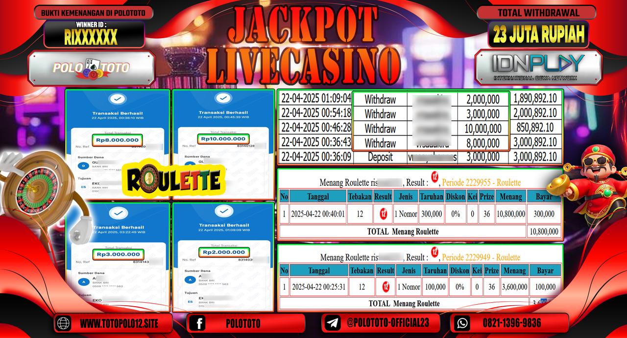 POLOTOTO JACKPOT LIVE CASINO ROULETTE Rp.23.000.000,-
