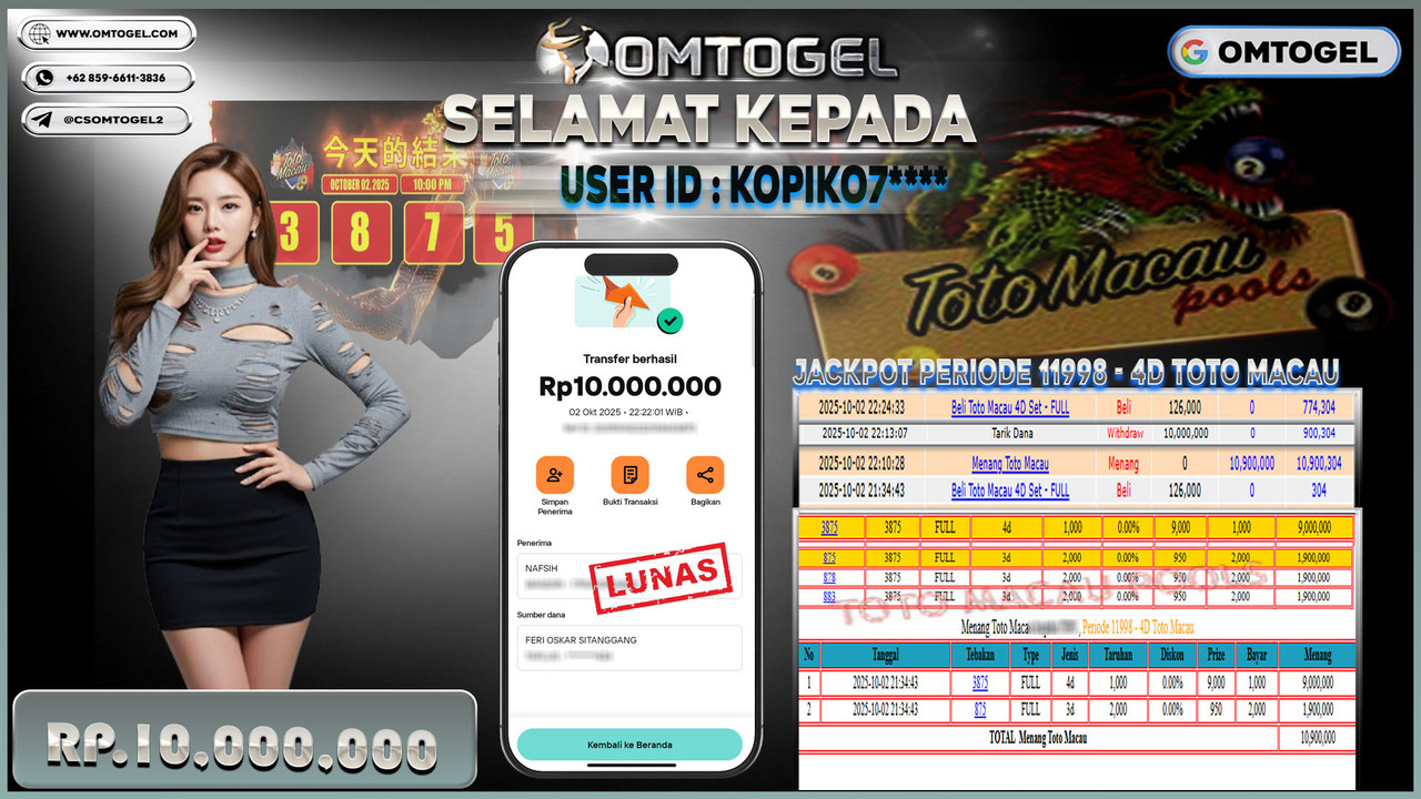OMTOGEL JACKPOT TOTO MACAU 4D 3D 10 JUTA DI BAYAR LUNAS ,-