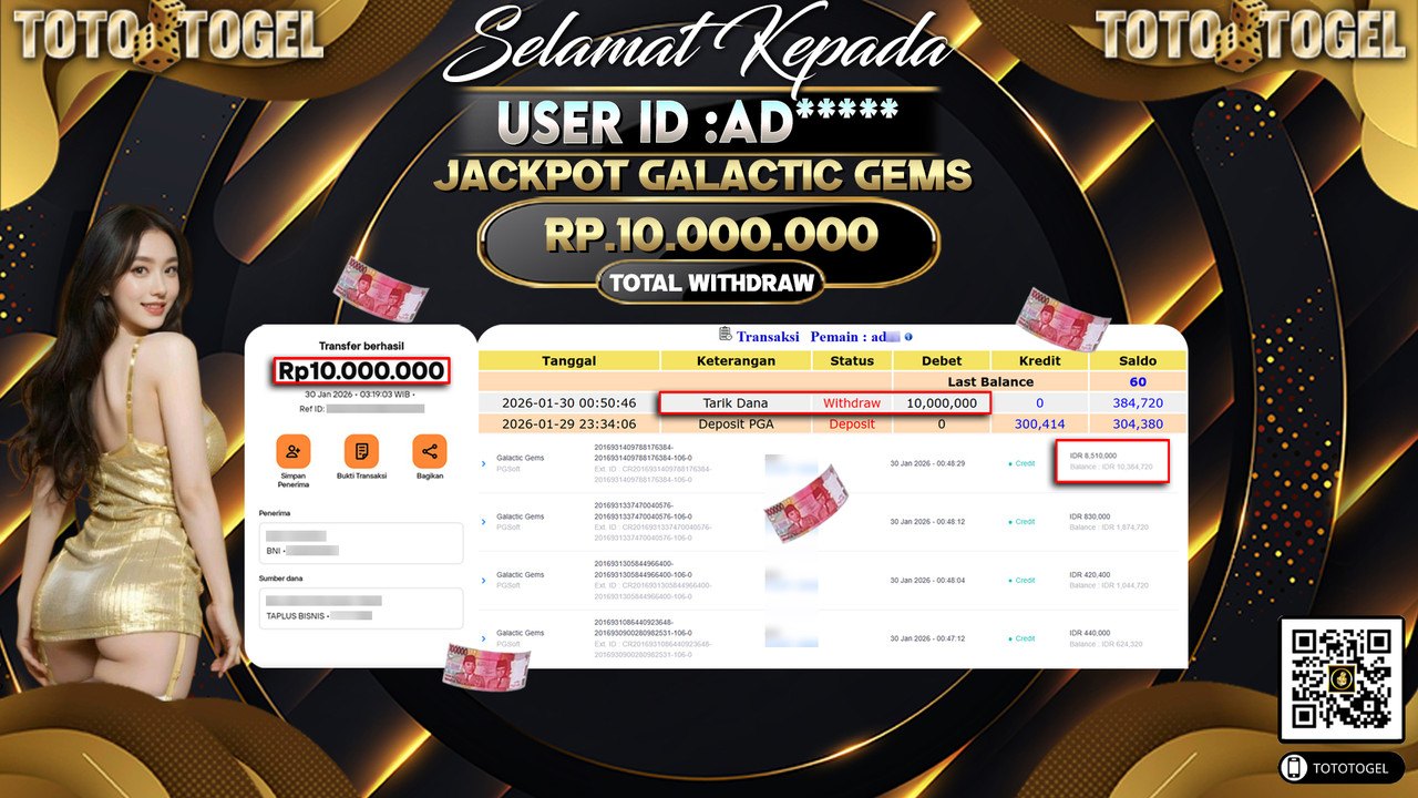 Bukti Pembayaran Jackpot Permainan Slot Galactic Gems ID:AD*****LUNAS