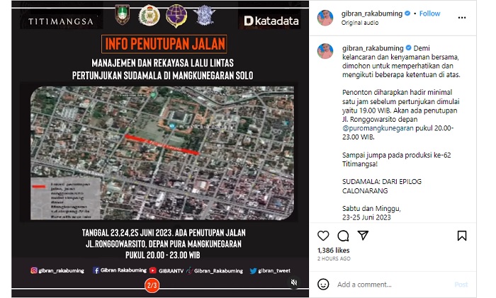 Sehubungan dengan gelaran Pertunjukan Sudamala di Pura Mangkunegaran pada 24-25 Juni 2023, Pemkot Solo memberlakukan manajemen dan rekayasa lalu lintas.