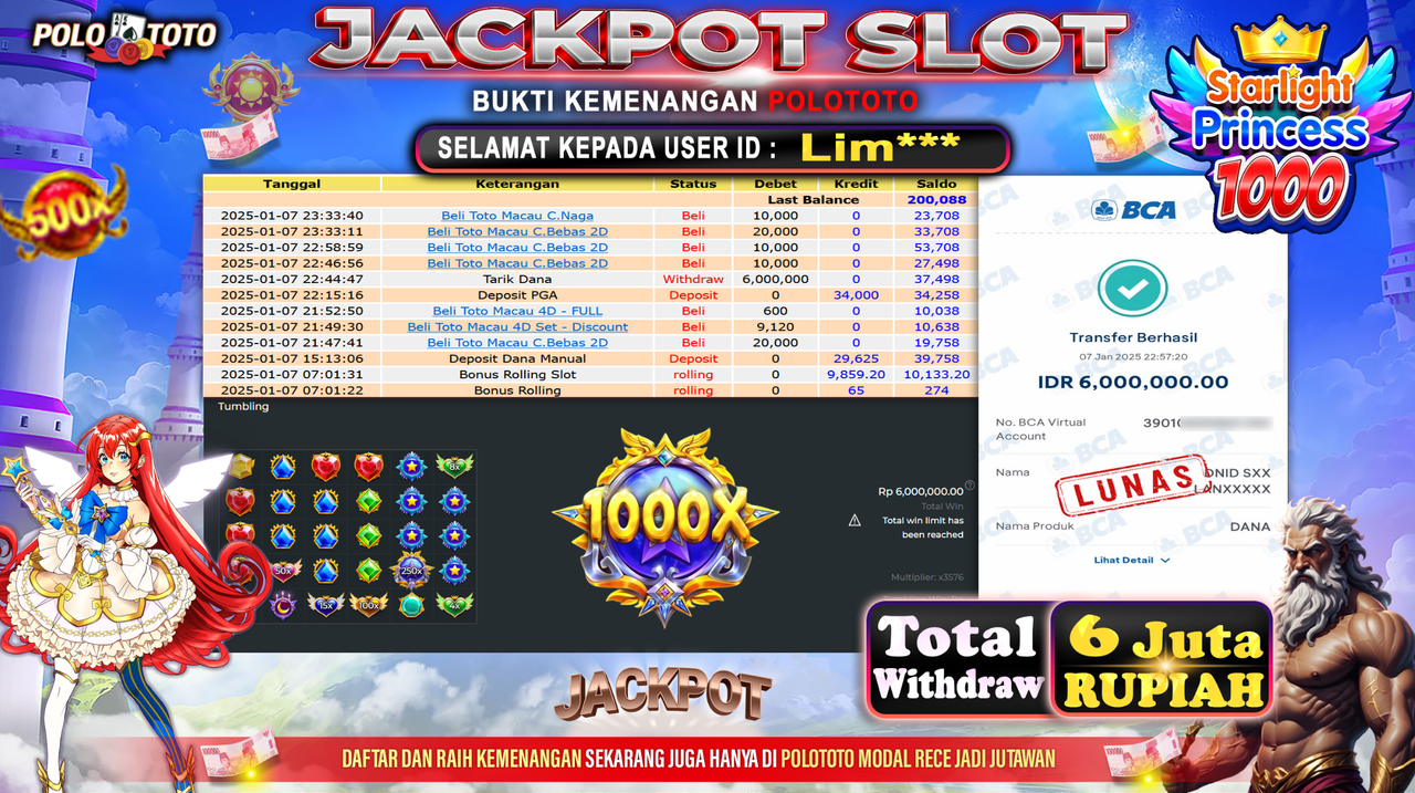 POLOTOTO JACKPOT SLOT STARLIGHT PRINCESS 1000 Rp.6,000.000,-