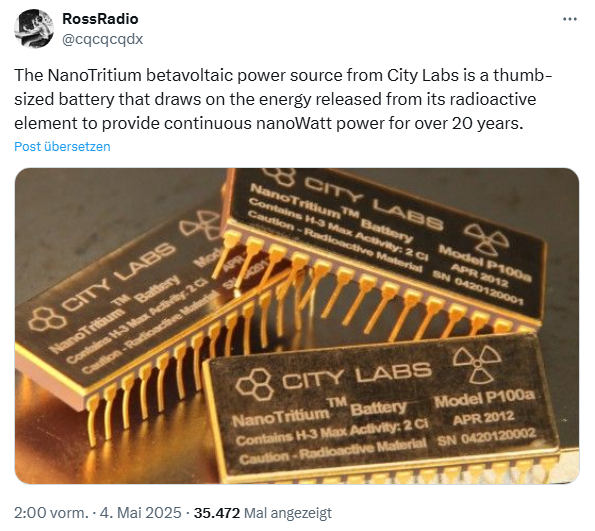 NanoTritium betavoltaic power source from City Labs NanoTritium betavoltaic power source from City Labs