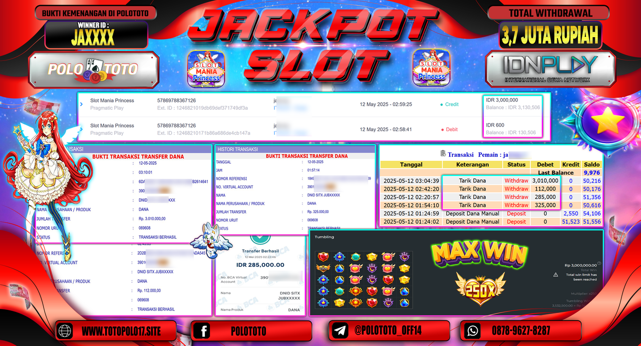 POLOTOTO JACKPOT SLOT MANIA PRINCESS Rp.3.700.000,-