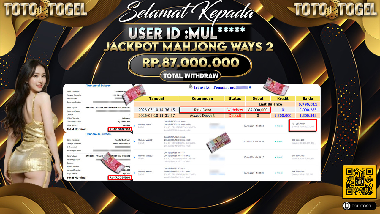 Bukti Pembayaran Jackpot Permainan Slot Mahjong Ways 2 ID:MUL*****LUNAS