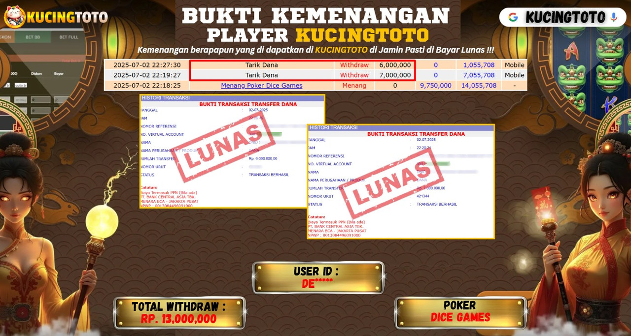KUCINGTOTO JACKPOT POKER DICE GAMES RP.13.000.000.,- LUNAS