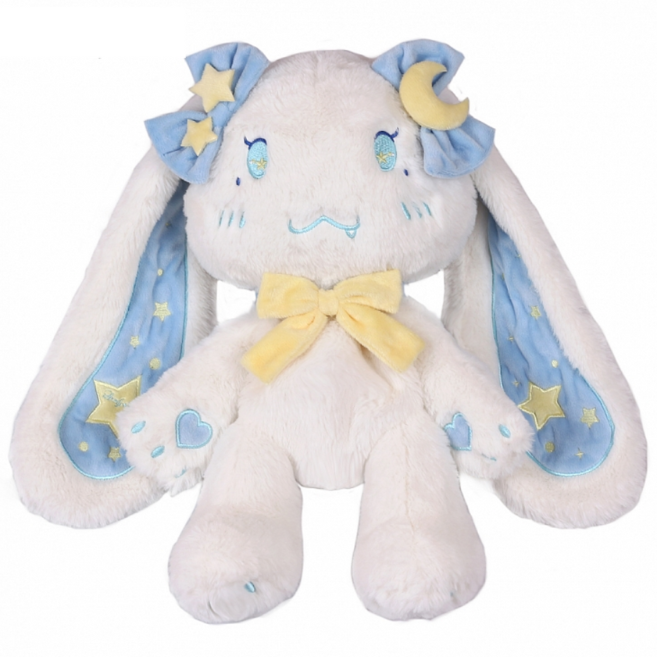 White bunny plush with blue embroidery details