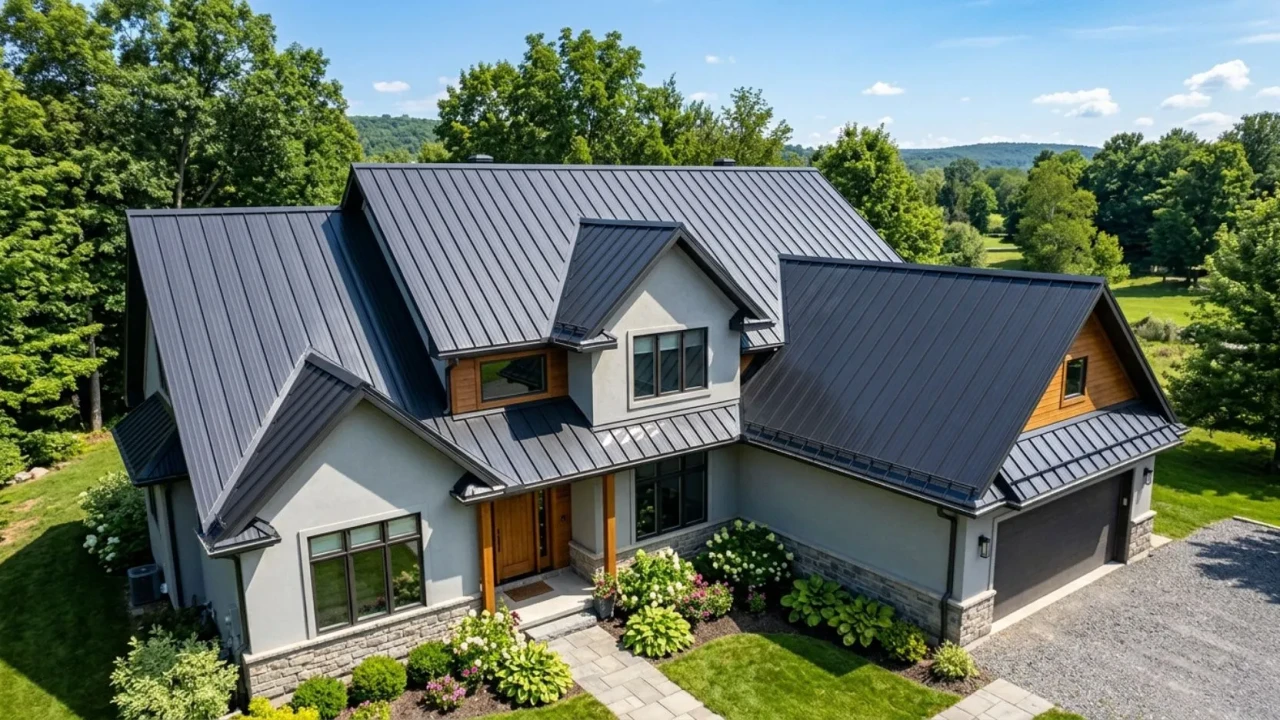 Standing seam metal roof panels installed on residential home