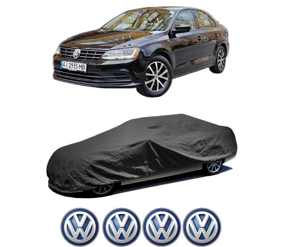 Husa tip prelata auto pentru Volskwagen JETTA VII Saloon (BU3, BU4) din 2017, Culoare Negru, material textil impermeabil, rezistanta la intemperii praf UV, CARPASSION Husa Protectie, 4 Stickere auto cu Volskwagen