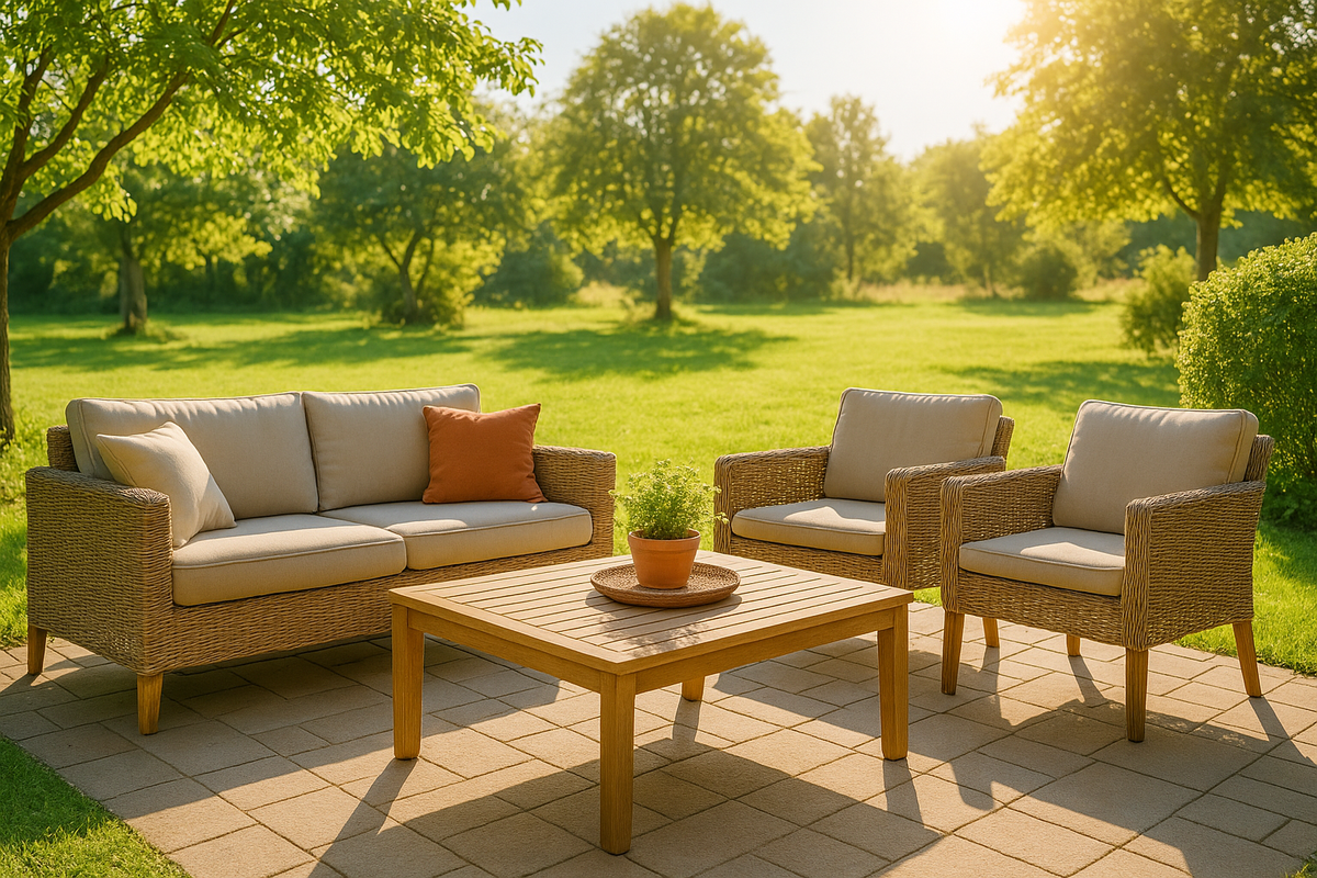 Плетёная мебель на даче в аренду: уличные кресла и столик на террасе под навесом