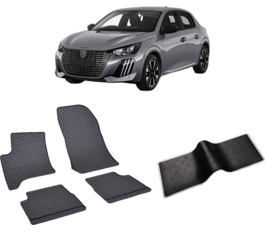 Set covorase auto PEUGEOT 208 HYBRID din 09.2023-PREZENT, cu covoras tunel median, CAROSERIE HATCHBACK, Presuri cauciuc 100%, compatibil cu autoturismul PEUGEOT 208 HYBRID, Rigum