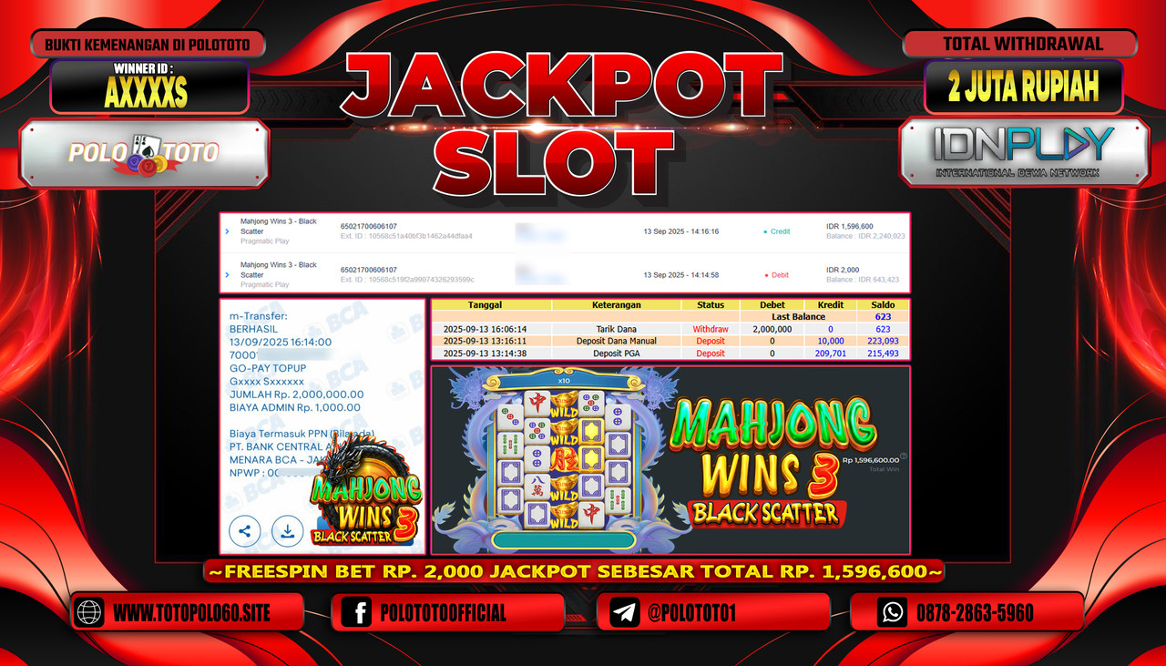 POLOTOTO JACKPOT SLOT MAHJONG WINS 3 - BLACK SCATTER Rp.2.000.000,-LUNAS