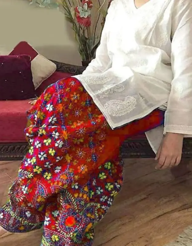 Trendy 2-Piece Embroidered Cotton Lawn Dress with Red Phulkari Embroidered Trouser 2026