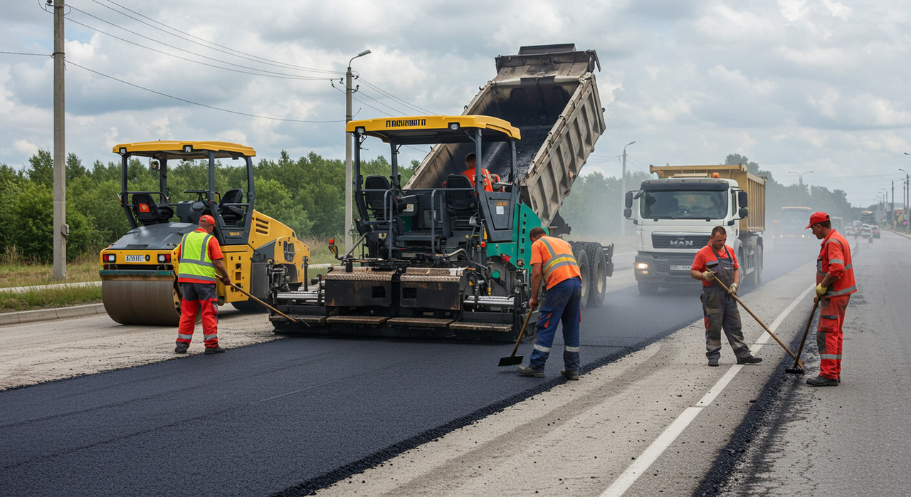 Бригада рабочих ремонтирует дорогу