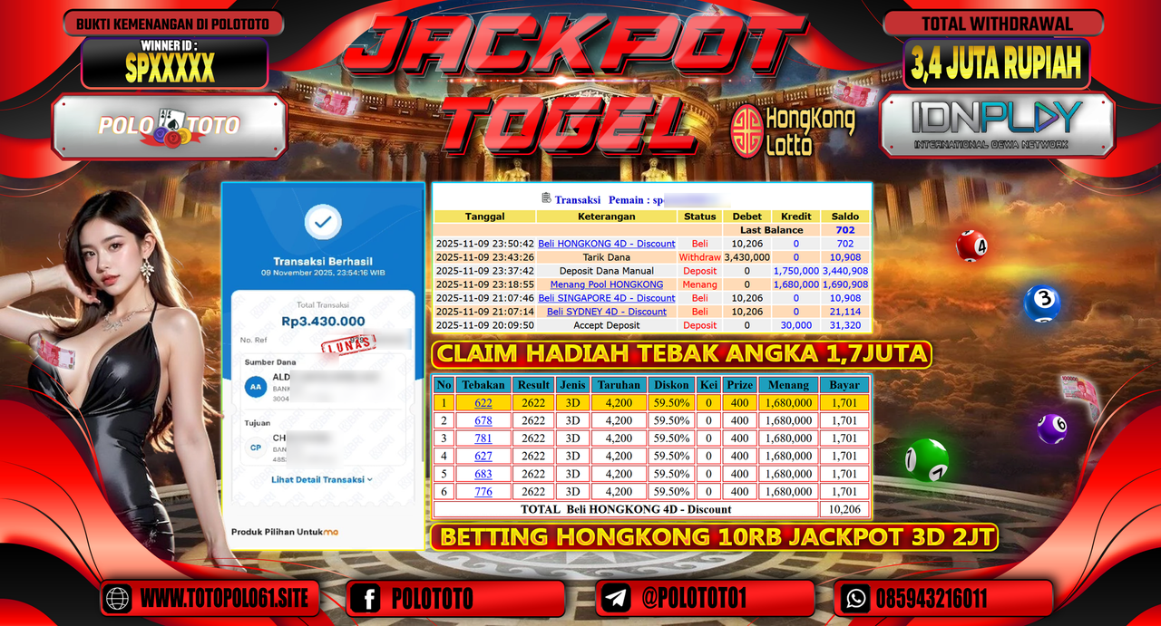 POLOTOTO JACKPOT TOGEL MENANG HONGKONG LOTTO Rp.3.400.000,- LUNAS
